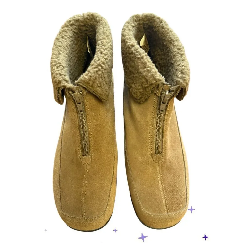 Dr. Scholl’s Tan Suede Demi Boot Sz. 9.5. Top Zip Fleece Lined Comfort